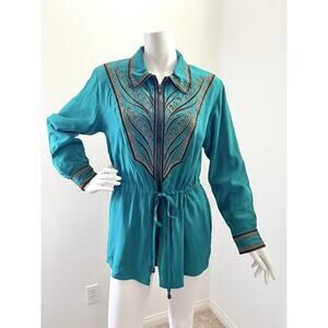 vintage 90s teal silk / 1990s bob mackie / drawstring waist shoulder pads jacket
